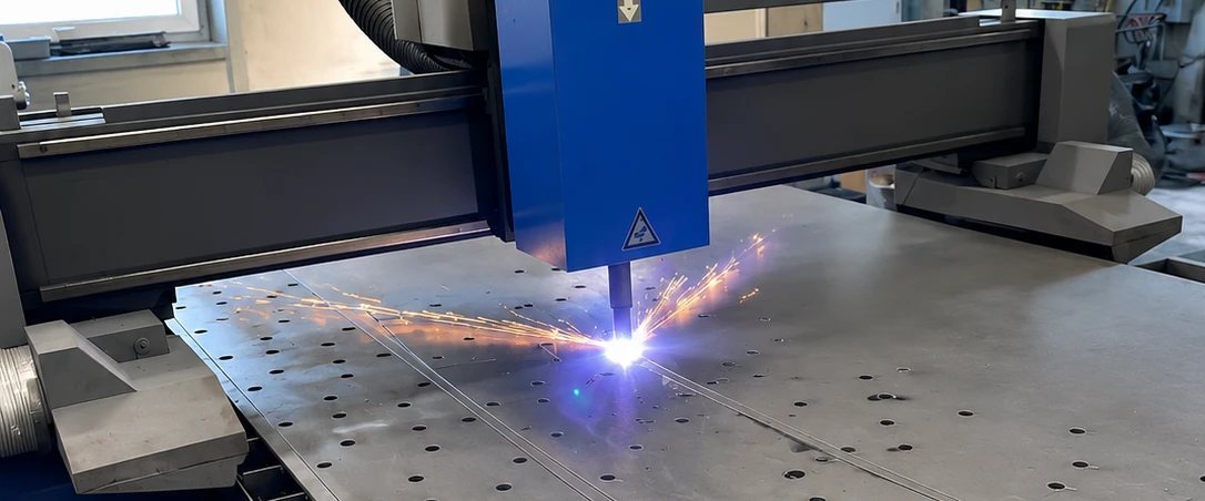 CNC-Plasmaschneidanlage von AN Metallbau beim Schneiden einer Stahlplatte